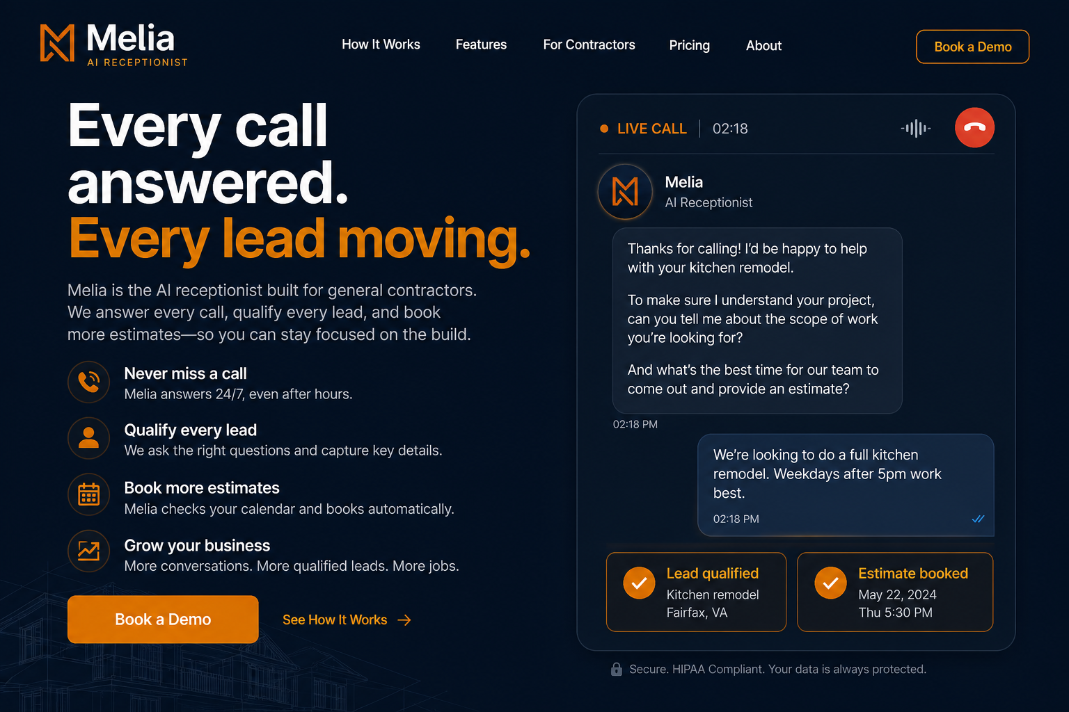 Melia — AI Receptionist for general contractors